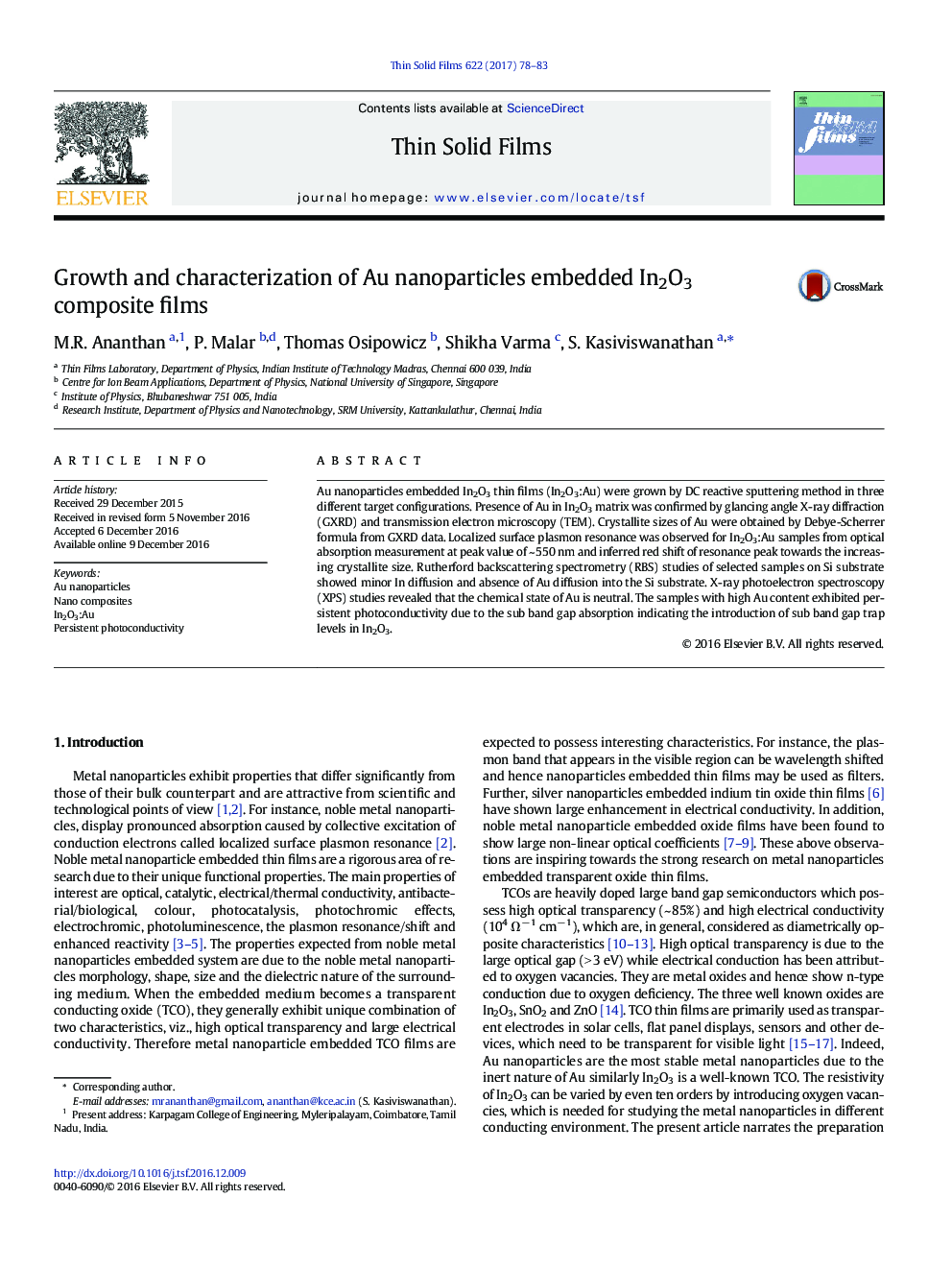 Growth and characterization of Au nanoparticles embedded In2O3 composite films