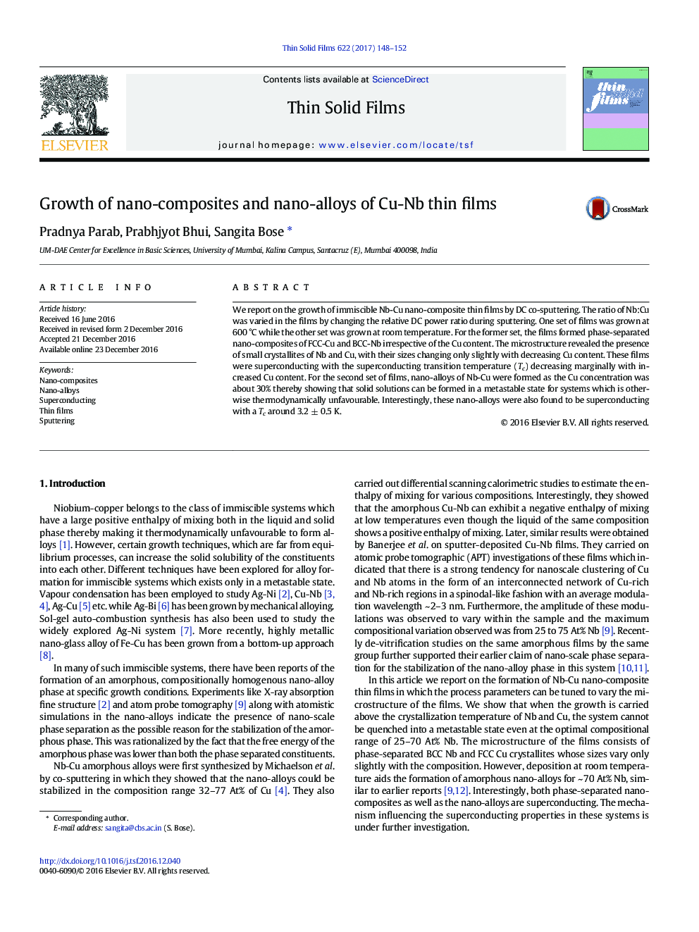 Growth of nano-composites and nano-alloys of Cu-Nb thin films