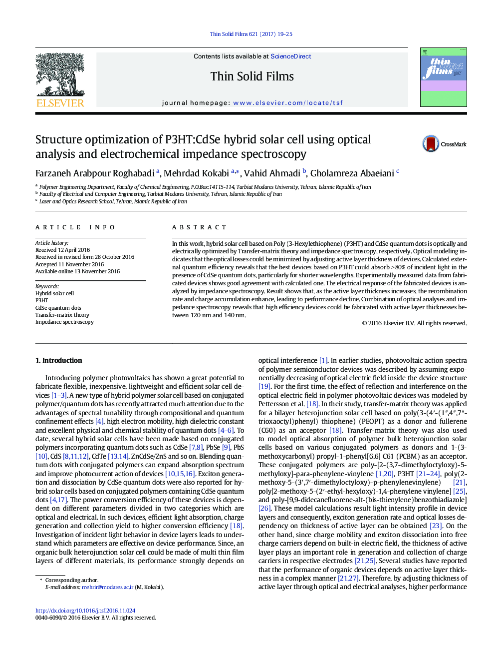 Structure optimization of P3HT:CdSe hybrid solar cell using optical analysis and electrochemical impedance spectroscopy