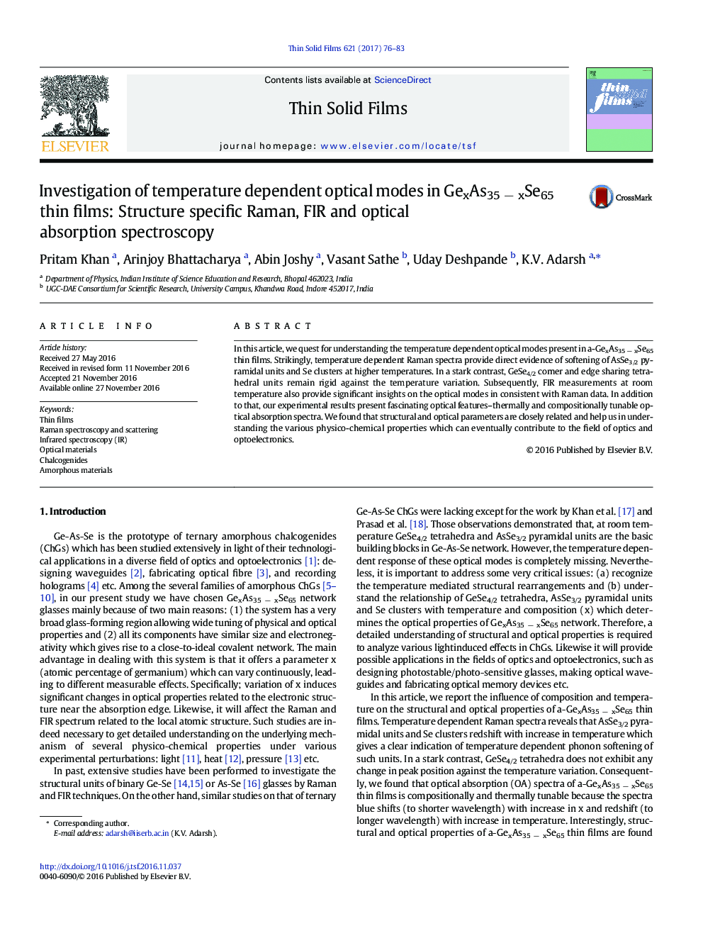 Investigation of temperature dependent optical modes in GexAs35Â âÂ xSe65 thin films: Structure specific Raman, FIR and optical absorption spectroscopy