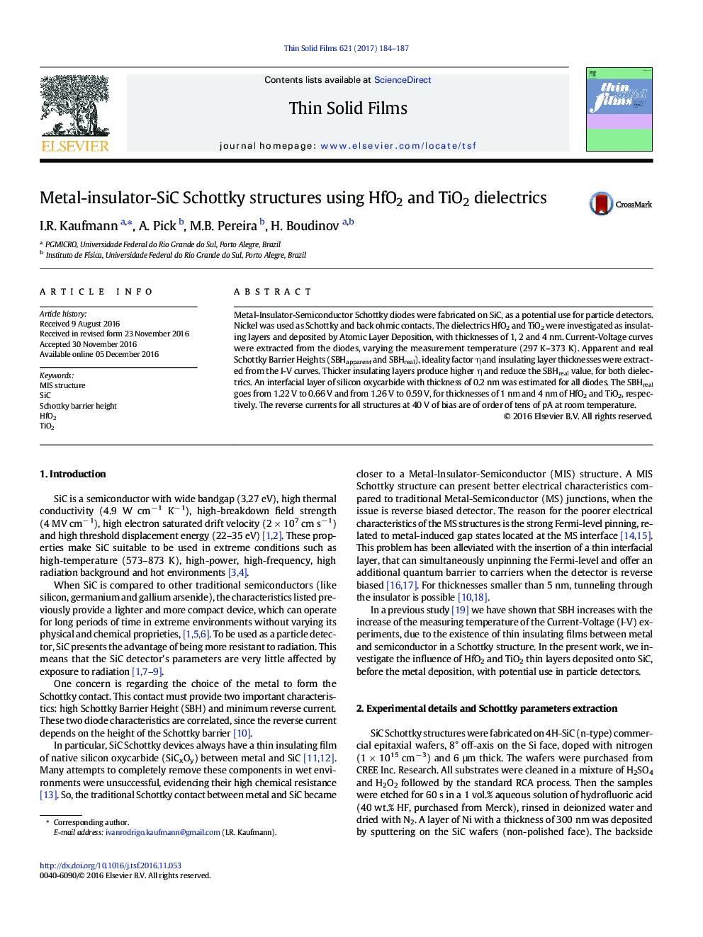 Metal-insulator-SiC Schottky structures using HfO2 and TiO2 dielectrics