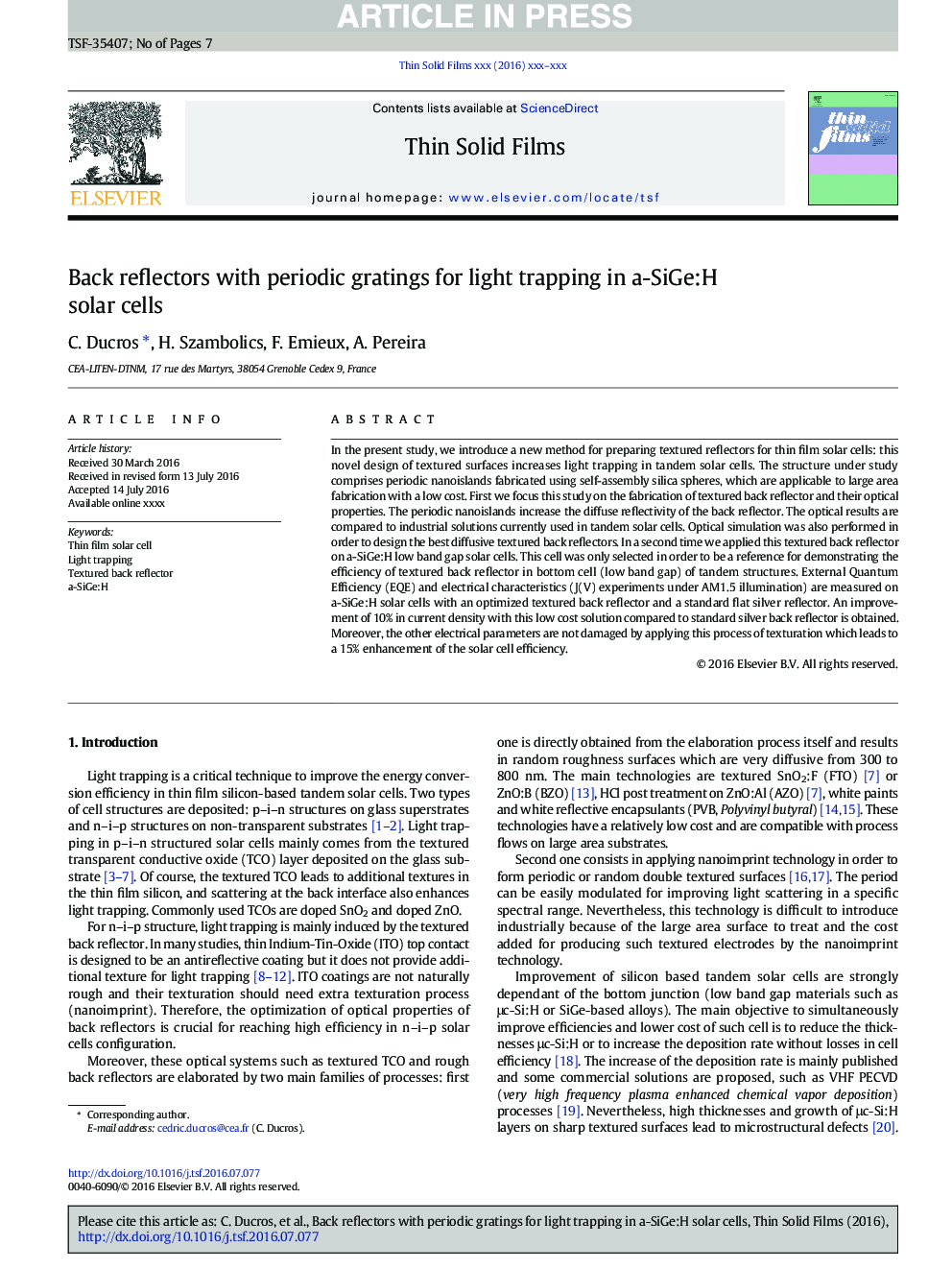 Back reflectors with periodic gratings for light trapping in a-SiGe:H solar cells