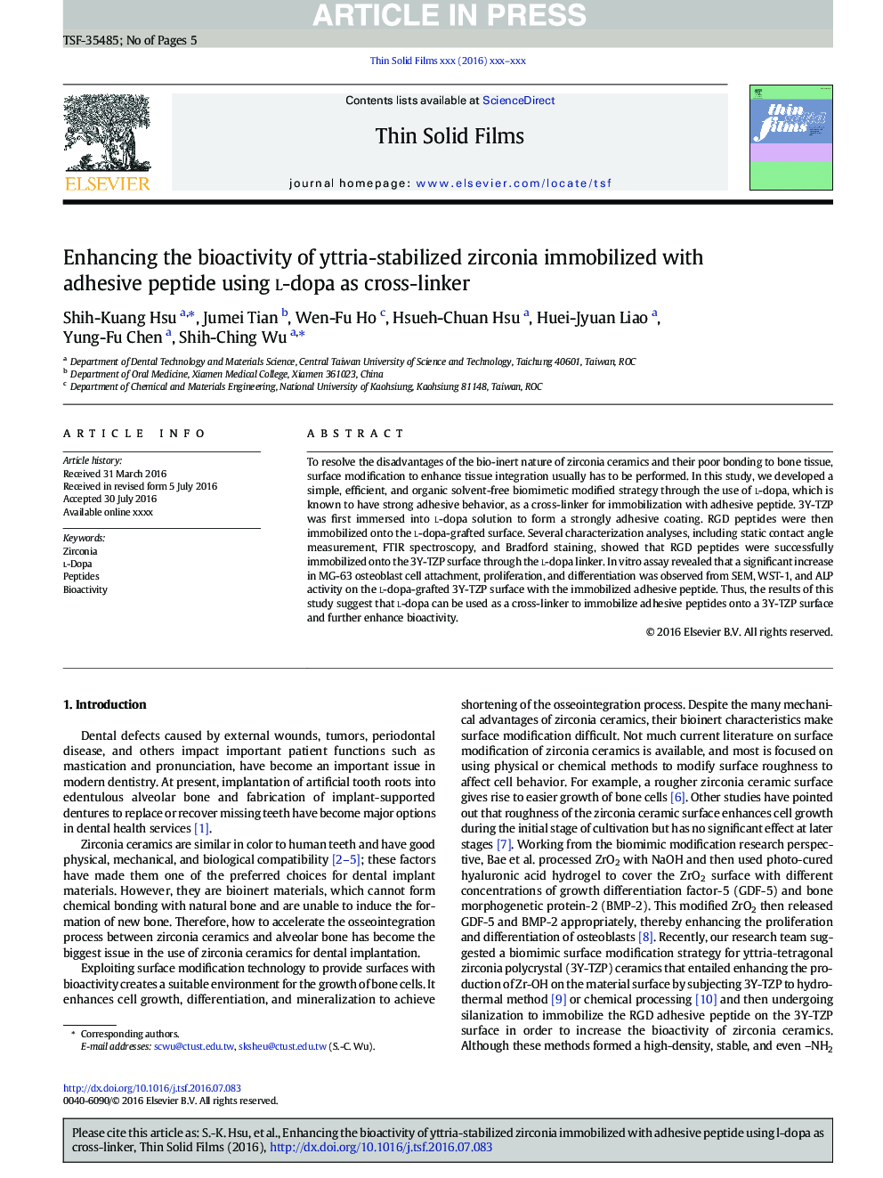 Enhancing the bioactivity of yttria-stabilized zirconia immobilized with adhesive peptide using l-dopa as cross-linker