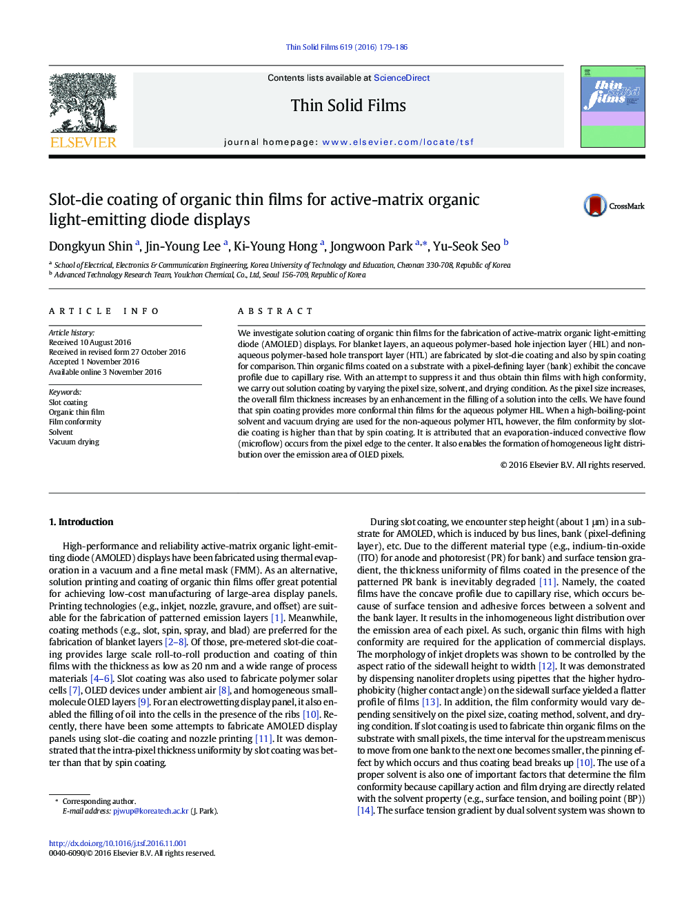 Slot-die coating of organic thin films for active-matrix organic light-emitting diode displays