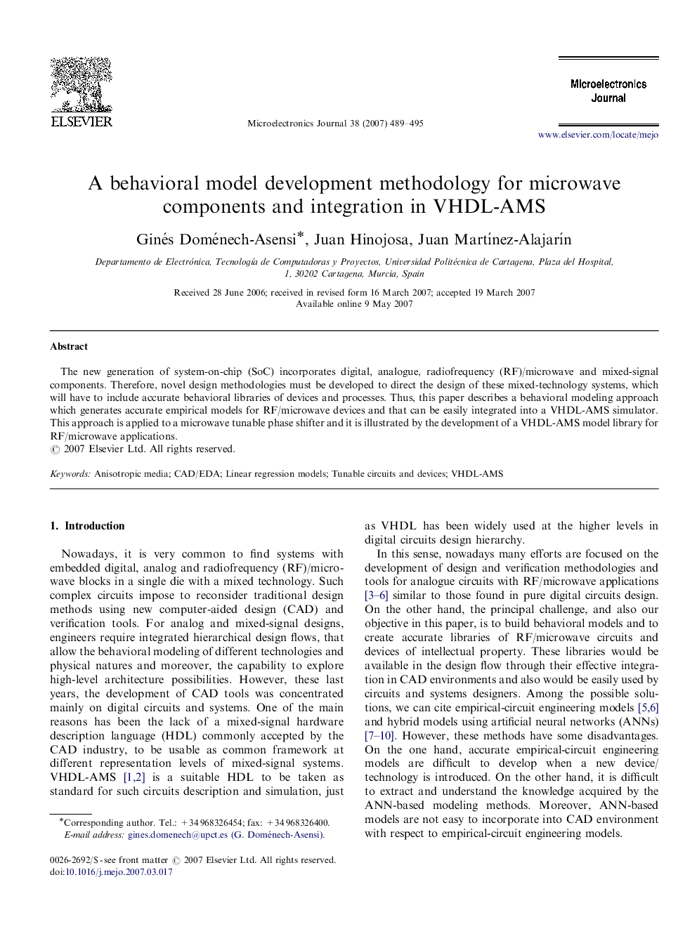 A behavioral model development methodology for microwave components and integration in VHDL-AMS