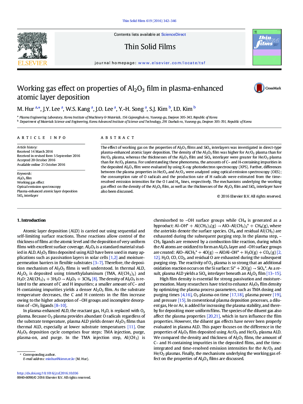 Working gas effect on properties of Al2O3 film in plasma-enhanced atomic layer deposition