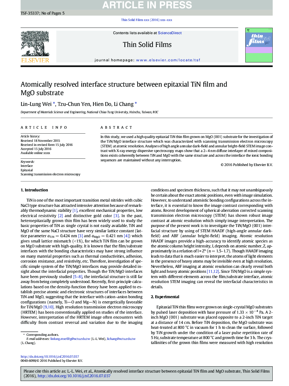 Atomically resolved interface structure between epitaxial TiN film and MgO substrate