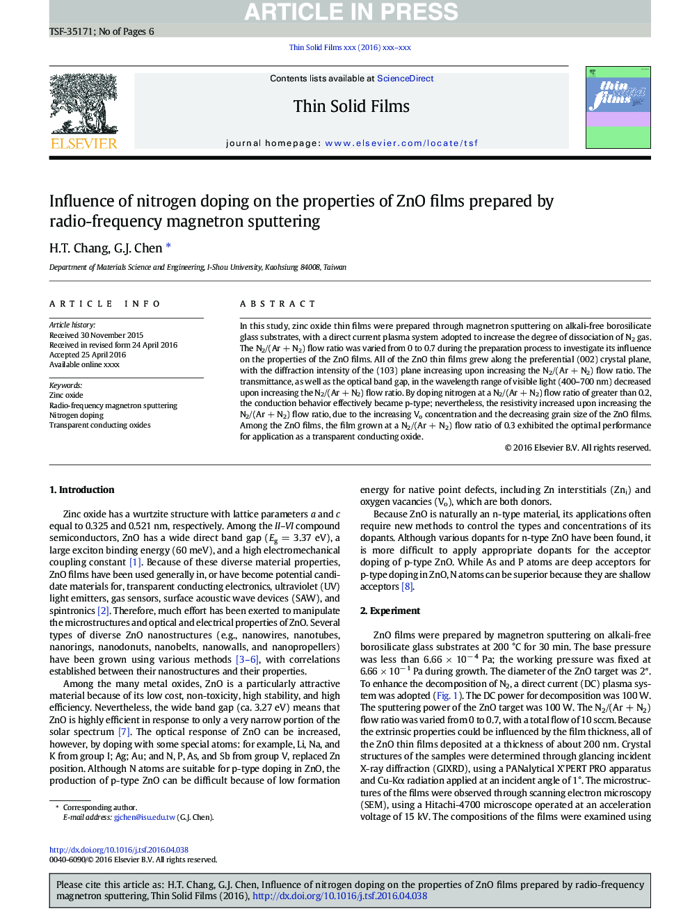 Influence of nitrogen doping on the properties of ZnO films prepared by radio-frequency magnetron sputtering