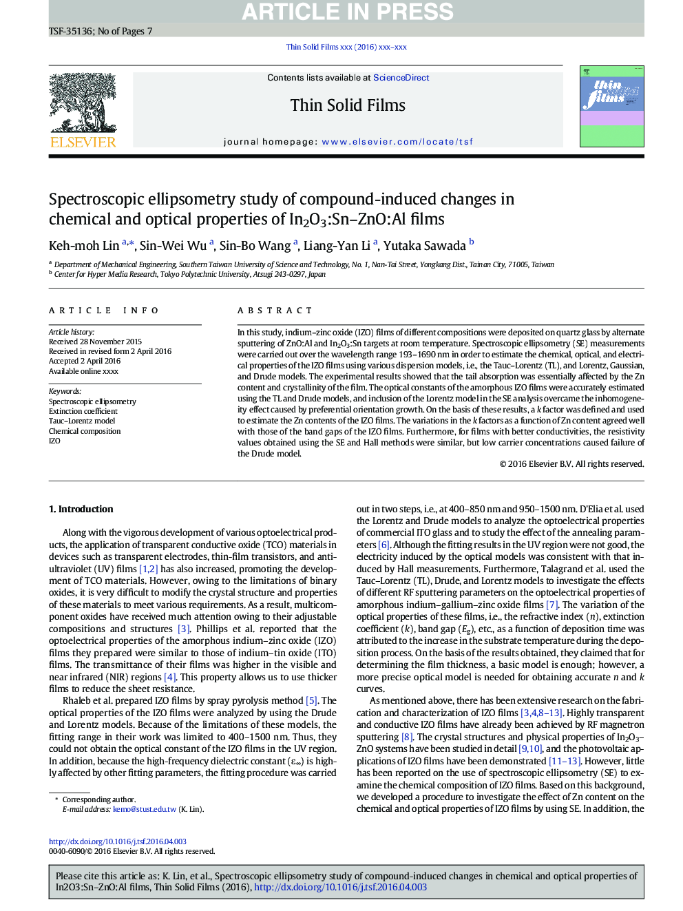 Spectroscopic ellipsometry study of compound-induced changes in chemical and optical properties of In2O3:Sn-ZnO:Al films