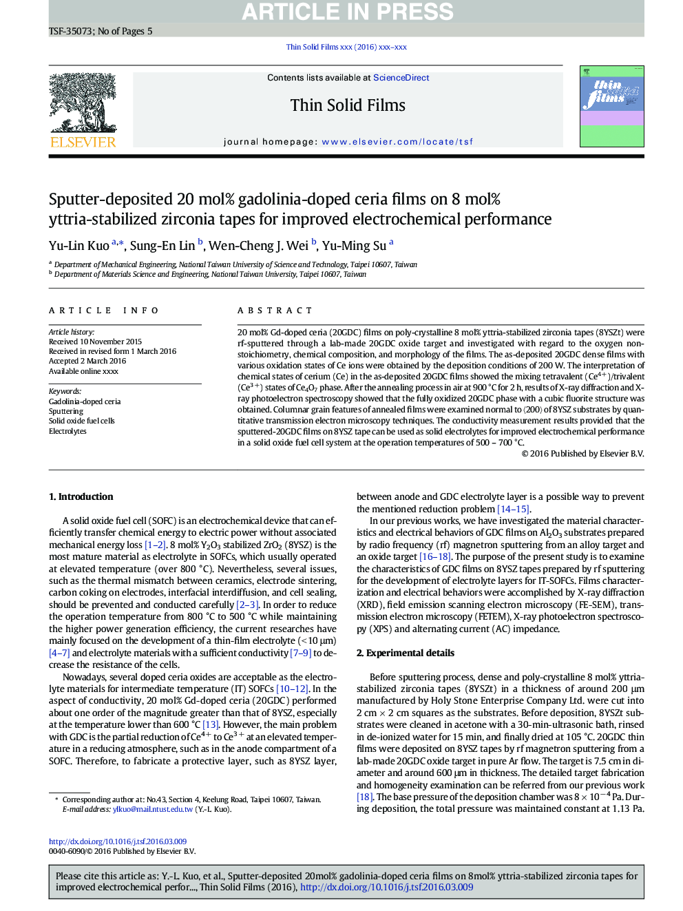 Sputter-deposited 20Â mol% gadolinia-doped ceria films on 8Â mol% yttria-stabilized zirconia tapes for improved electrochemical performance