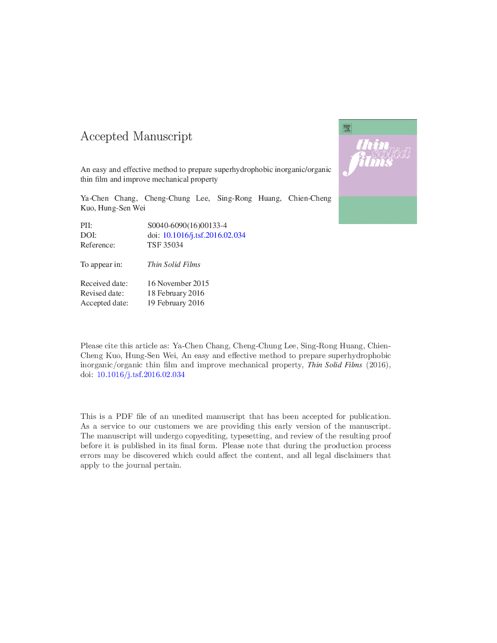 An easy and effective method to prepare superhydrophobic inorganic/organic thin film and improve mechanical property