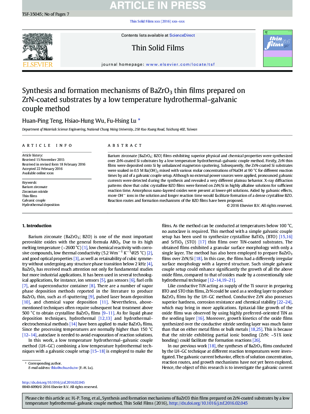 Synthesis and formation mechanisms of BaZrO3 thin films prepared on ZrN-coated substrates by a low temperature hydrothermal-galvanic couple method