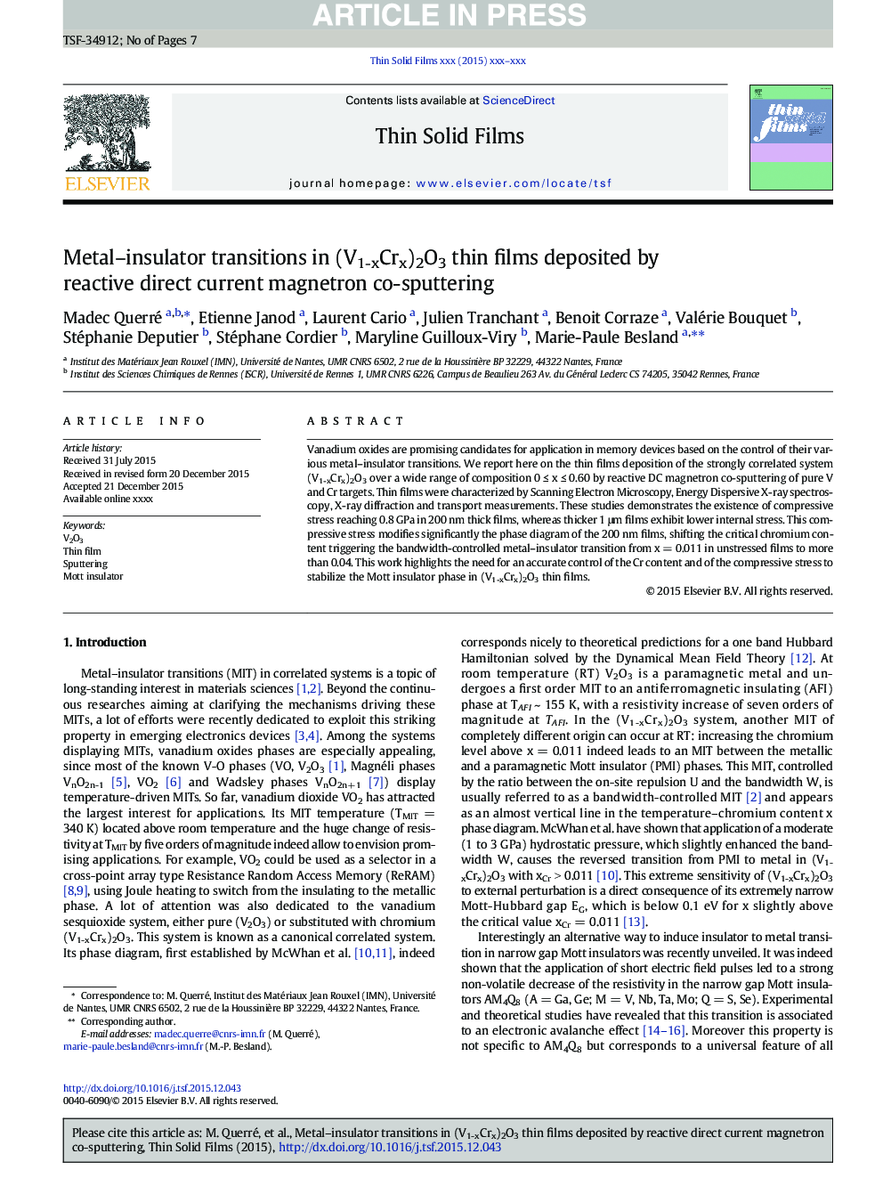 Metal-insulator transitions in (V1-xCrx)2O3 thin films deposited by reactive direct current magnetron co-sputtering