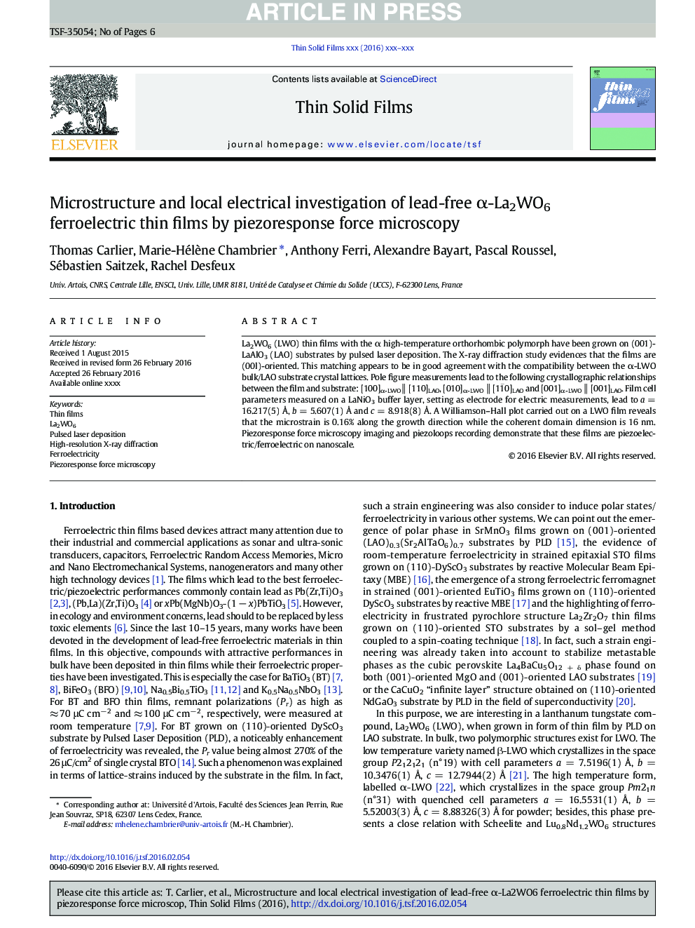 Microstructure and local electrical investigation of lead-free Î±-La2WO6 ferroelectric thin films by piezoresponse force microscopy