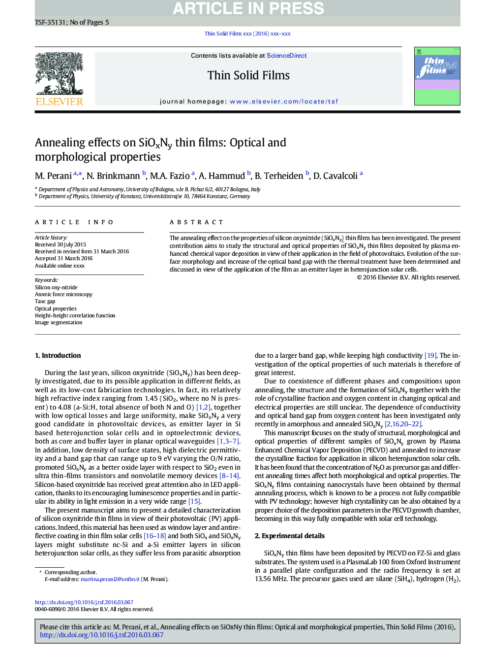 Annealing effects on SiOxNy thin films: Optical and morphological properties