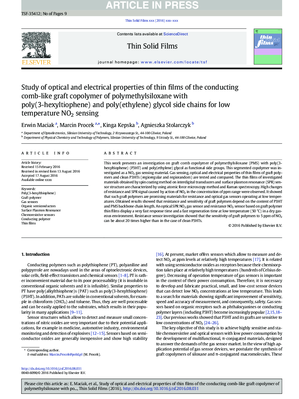 Study of optical and electrical properties of thin films of the conducting comb-like graft copolymer of polymethylsiloxane with poly(3-hexyltiophene) and poly(ethylene) glycol side chains for low temperature NO2 sensing