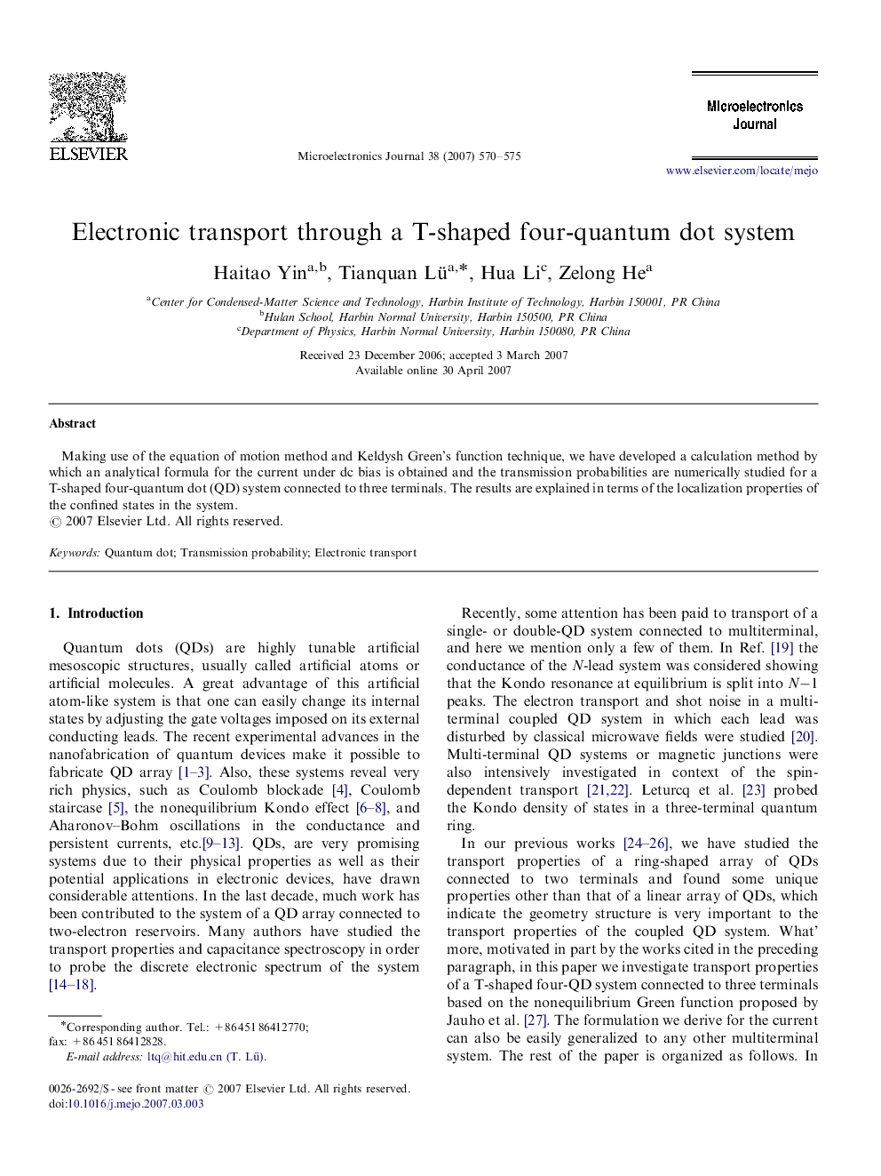 Electronic transport through a T-shaped four-quantum dot system