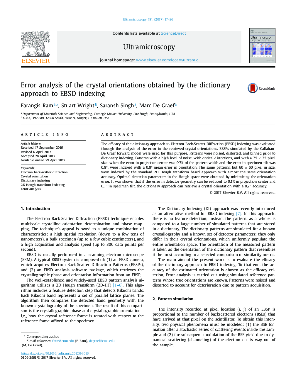 Error analysis of the crystal orientations obtained by the dictionary approach to EBSD indexing