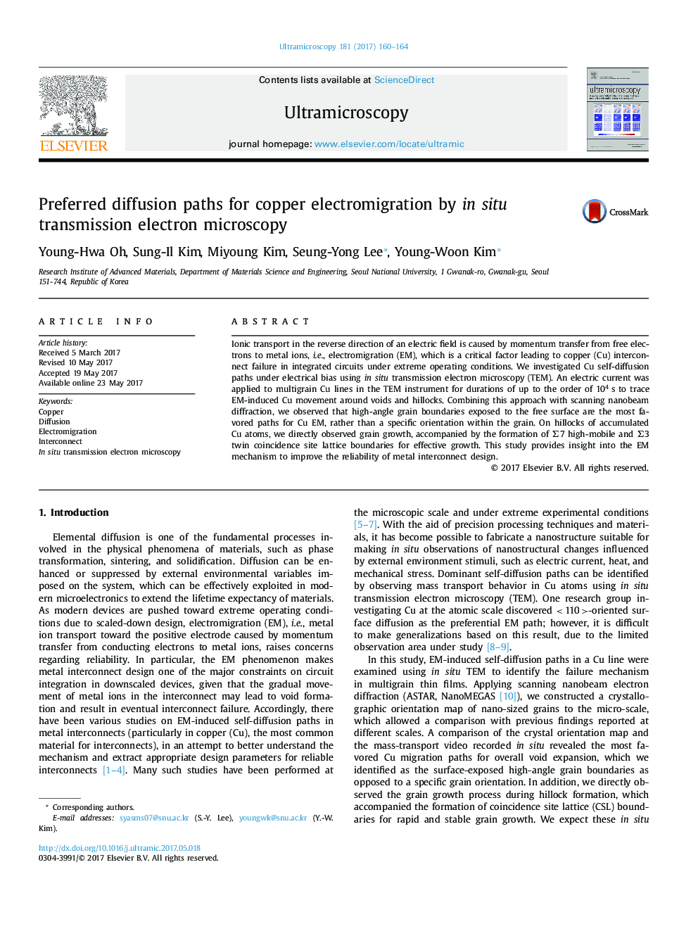 Preferred diffusion paths for copper electromigration by in situ transmission electron microscopy