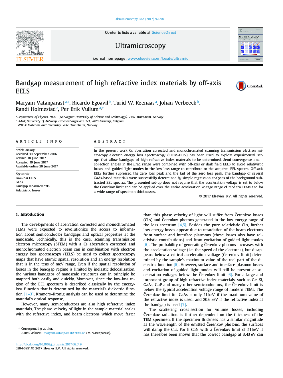 Bandgap measurement of high refractive index materials by off-axis EELS