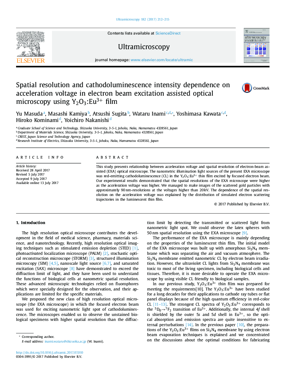 Spatial resolution and cathodoluminescence intensity dependence on acceleration voltage in electron beam excitation assisted optical microscopy using Y2O3:Eu3+ film