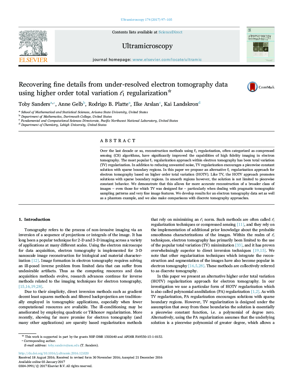 Recovering fine details from under-resolved electron tomography data using higher order total variation â1 regularization