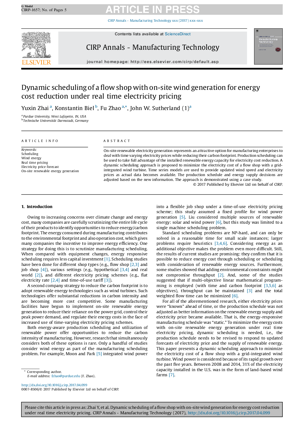 Dynamic scheduling of a flow shop with on-site wind generation for energy cost reduction under real time electricity pricing