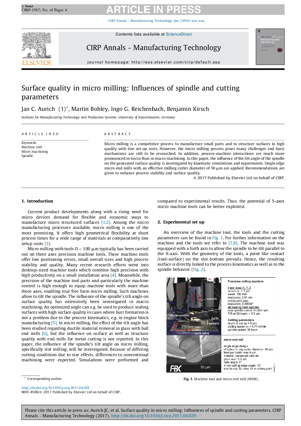 Surface quality in micro milling: Influences of spindle and cutting parameters