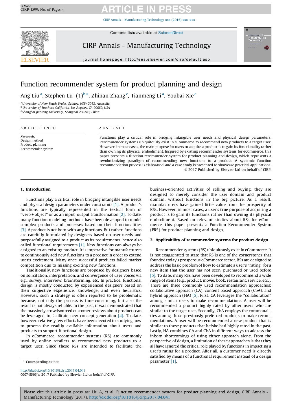 Function recommender system for product planning and design