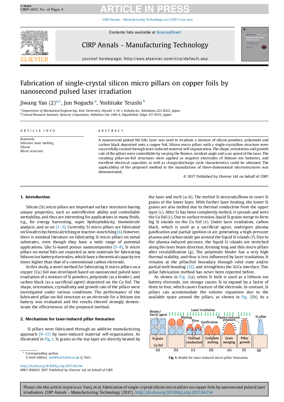 Fabrication of single-crystal silicon micro pillars on copper foils by nanosecond pulsed laser irradiation