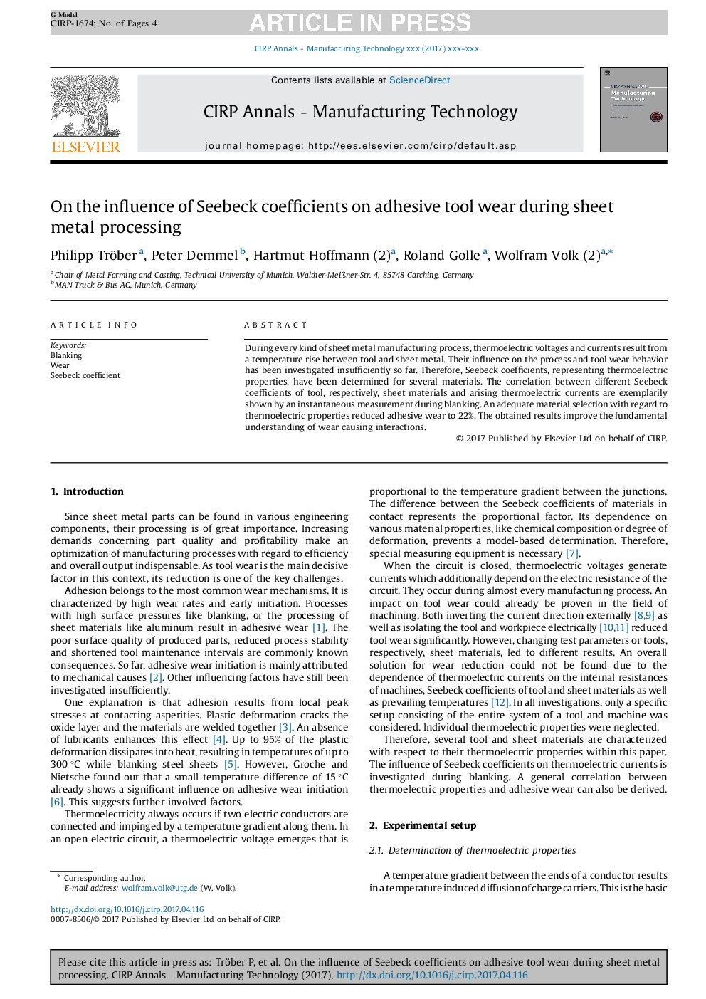 On the influence of Seebeck coefficients on adhesive tool wear during sheet metal processing