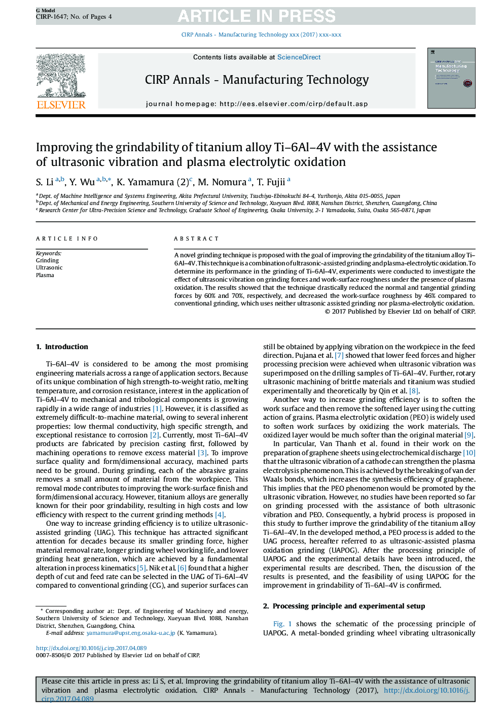 Improving the grindability of titanium alloy Ti-6Al-4V with the assistance of ultrasonic vibration and plasma electrolytic oxidation