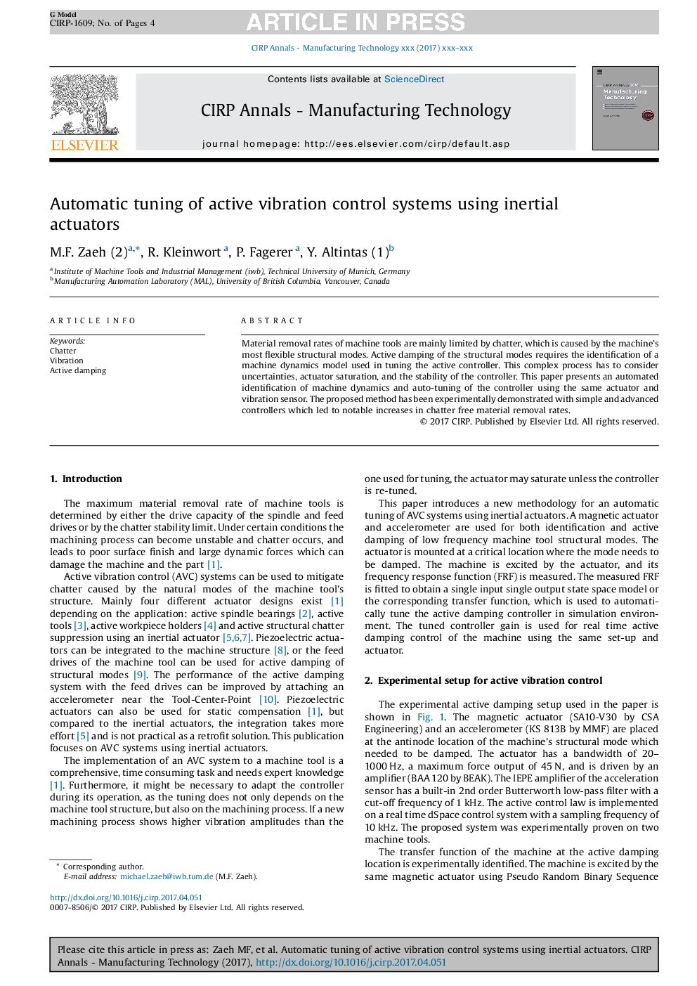 Automatic tuning of active vibration control systems using inertial actuators