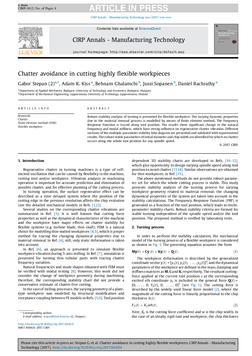 Chatter avoidance in cutting highly flexible workpieces