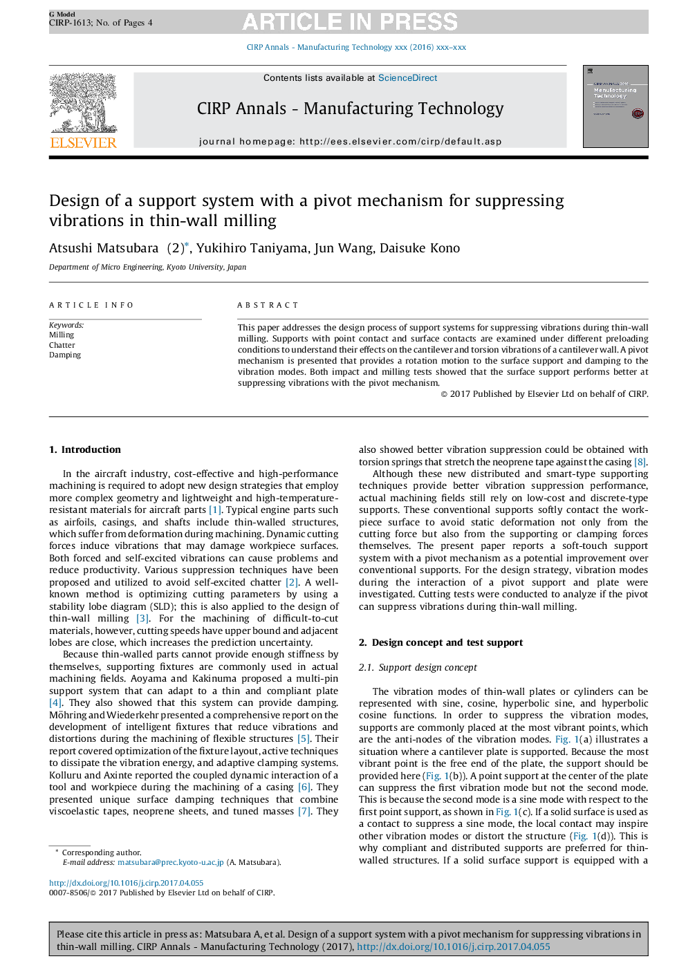 Design of a support system with a pivot mechanism for suppressing vibrations in thin-wall milling