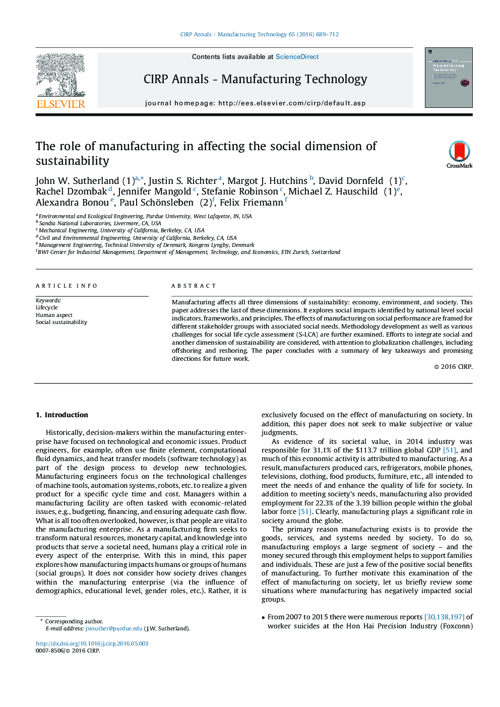 The role of manufacturing in affecting the social dimension of sustainability