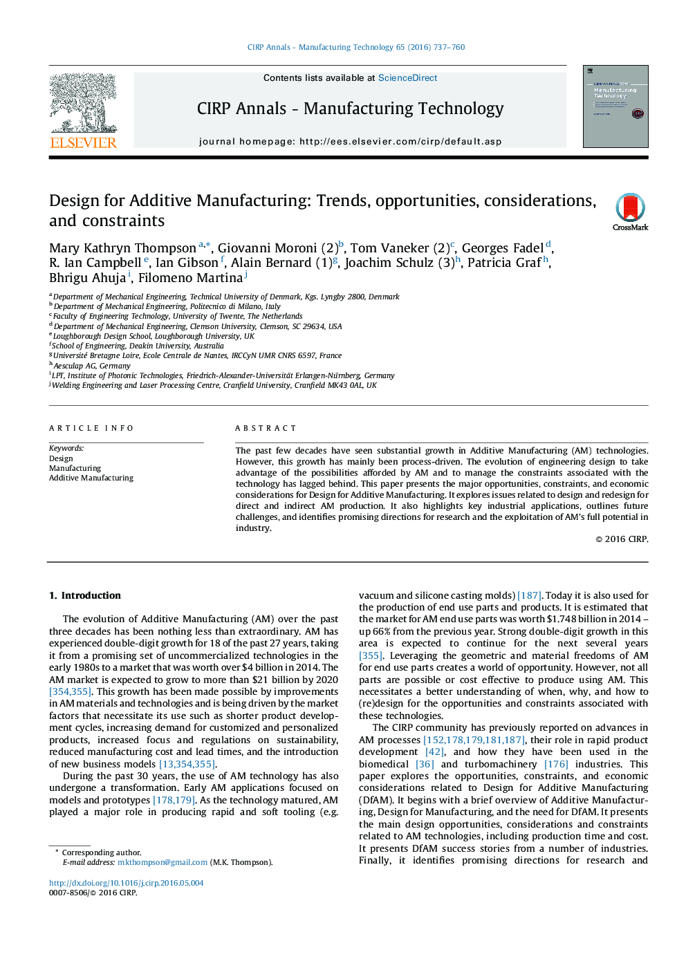Design for Additive Manufacturing: Trends, opportunities, considerations, and constraints