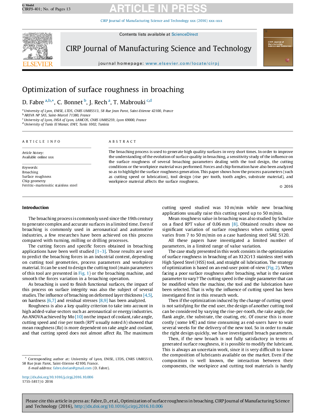 Optimization of surface roughness in broaching