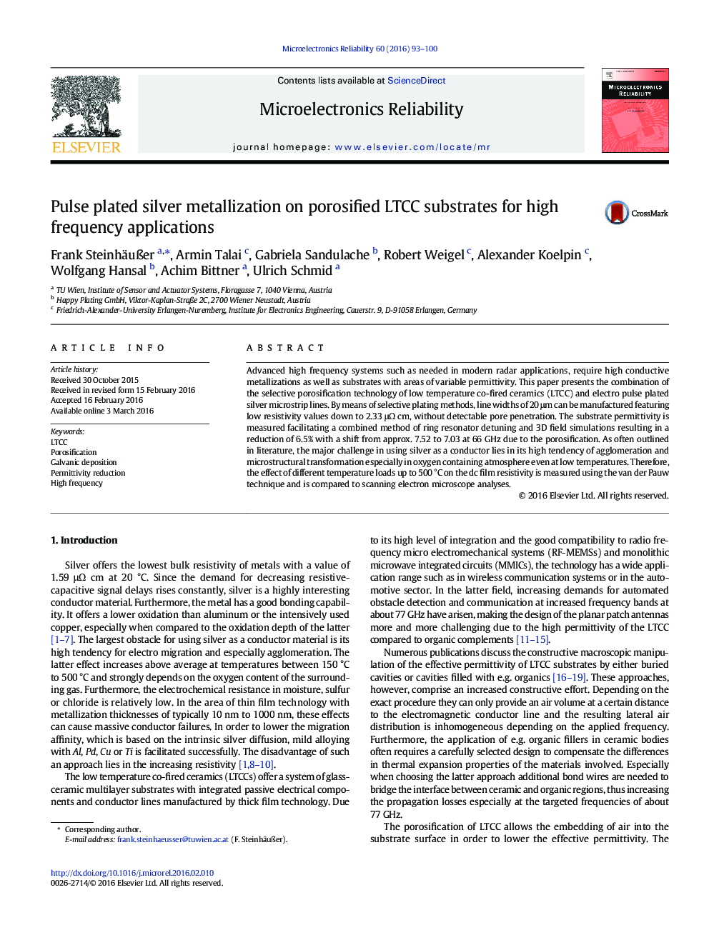 Pulse plated silver metallization on porosified LTCC substrates for high frequency applications