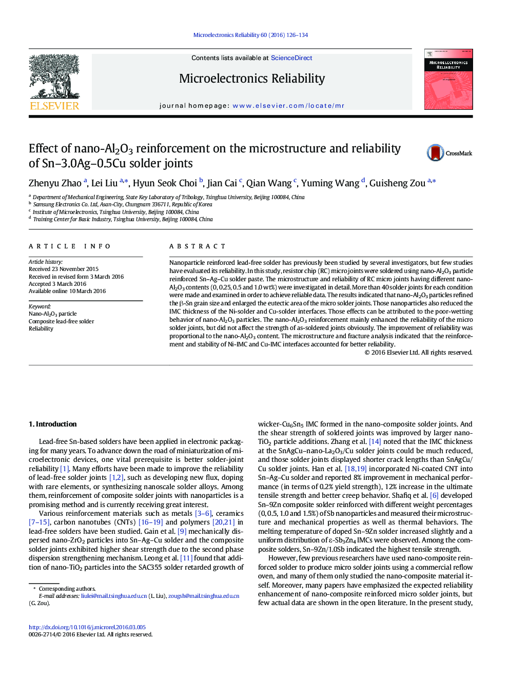 عکس صفحه اول مقاله: Effect of nano-Al2O3 reinforcement on the microstructure and reliability of Sn–3.0Ag–0.5Cu solder joints Effect of nano-Al2O3 reinforcement on the microstructure and reliability of Sn–3.0Ag–0.5Cu solder joints