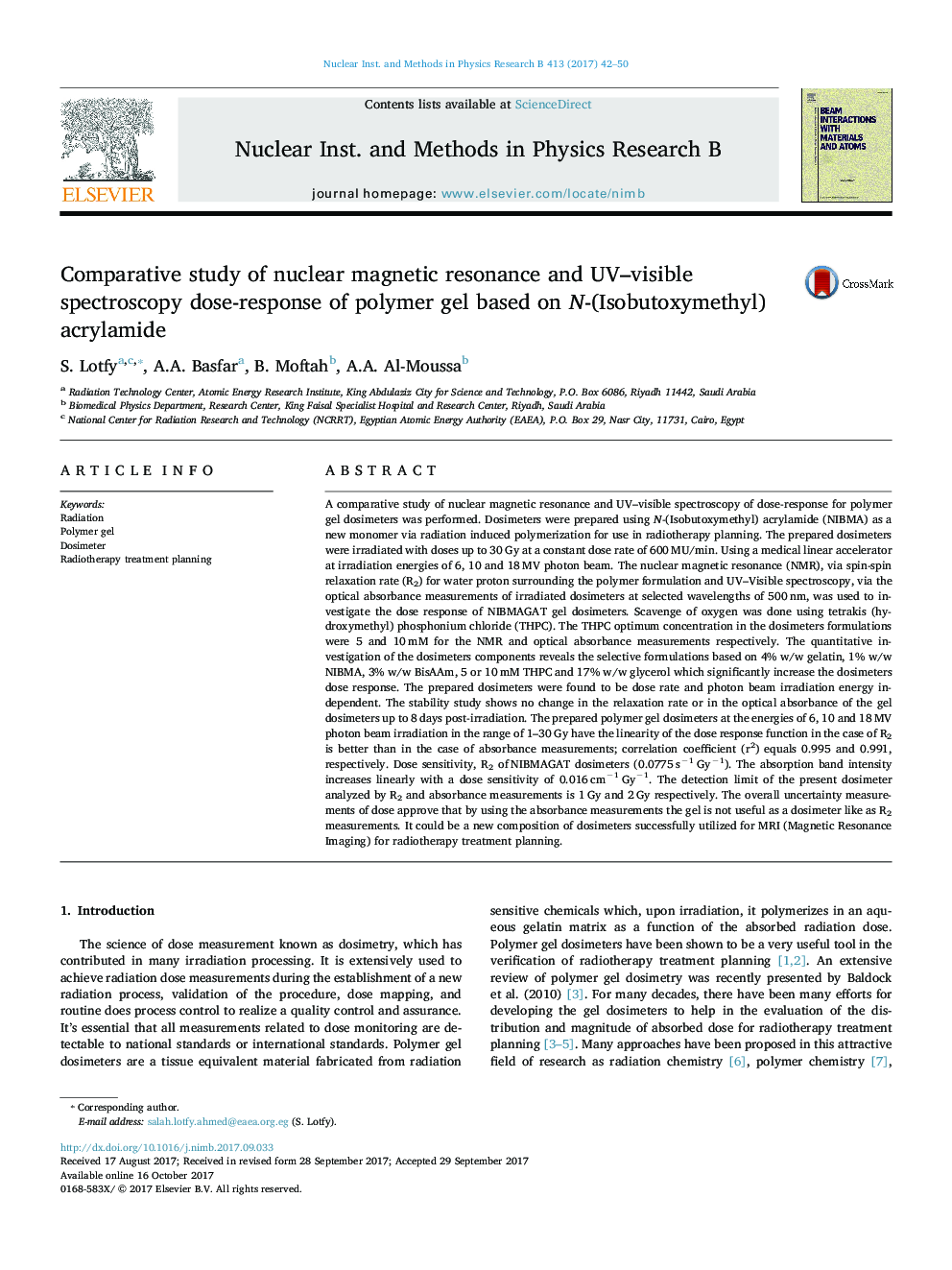 Comparative study of nuclear magnetic resonance and UV-visible spectroscopy dose-response of polymer gel based on N-(Isobutoxymethyl) acrylamide