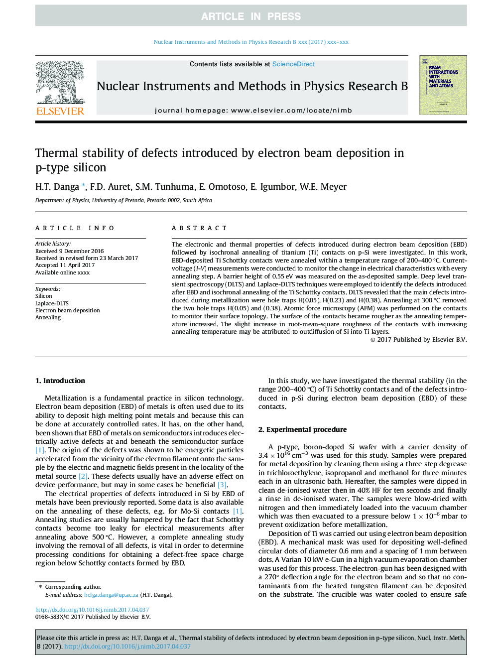 Thermal stability of defects introduced by electron beam deposition in p-type silicon