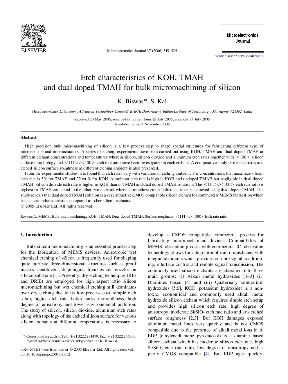 Etch characteristics of KOH, TMAH and dual doped TMAH for bulk micromachining of silicon