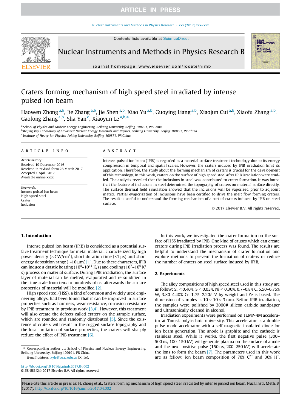 Craters forming mechanism of high speed steel irradiated by intense pulsed ion beam