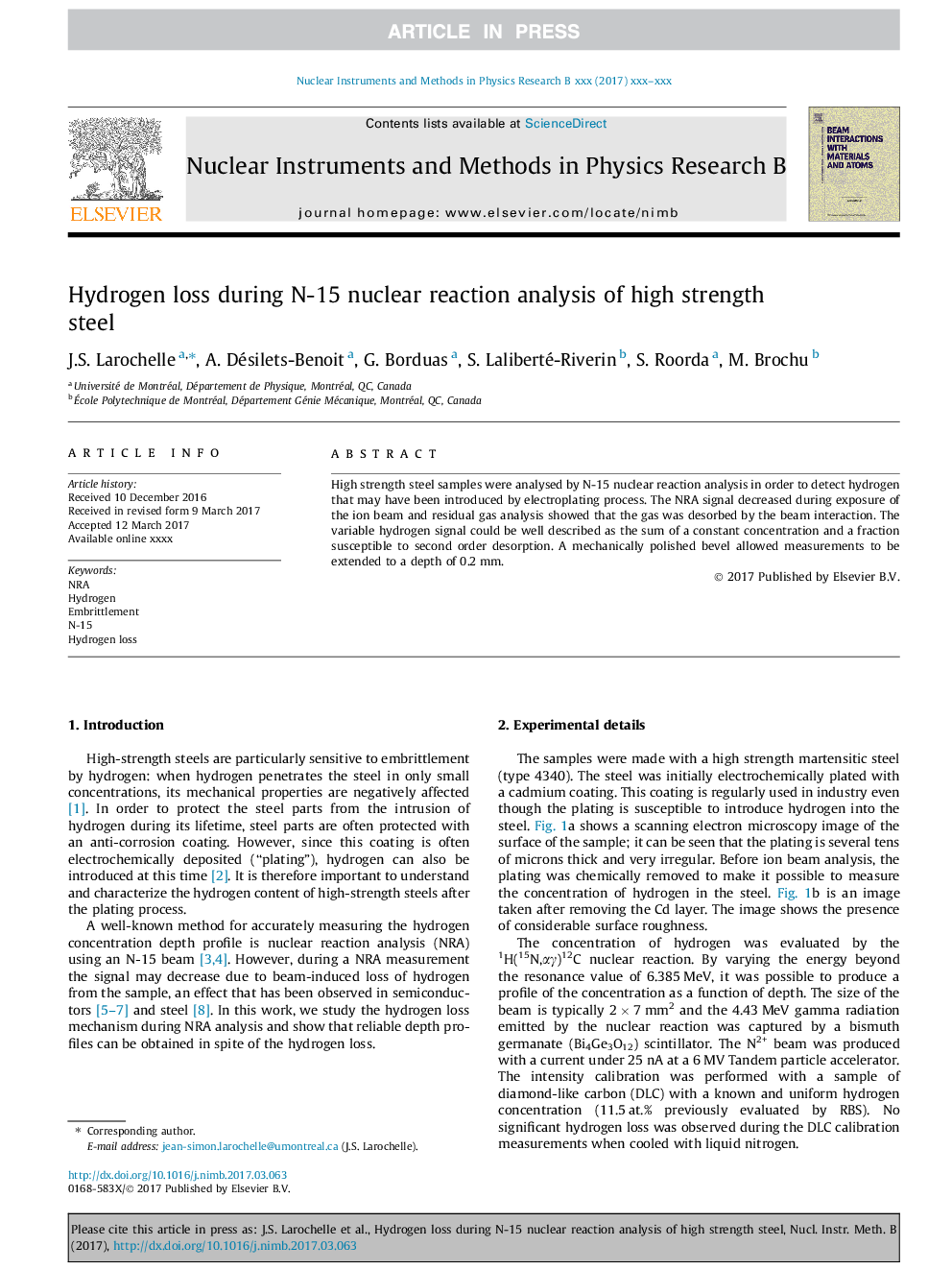 Hydrogen loss during N-15 nuclear reaction analysis of high strength steel