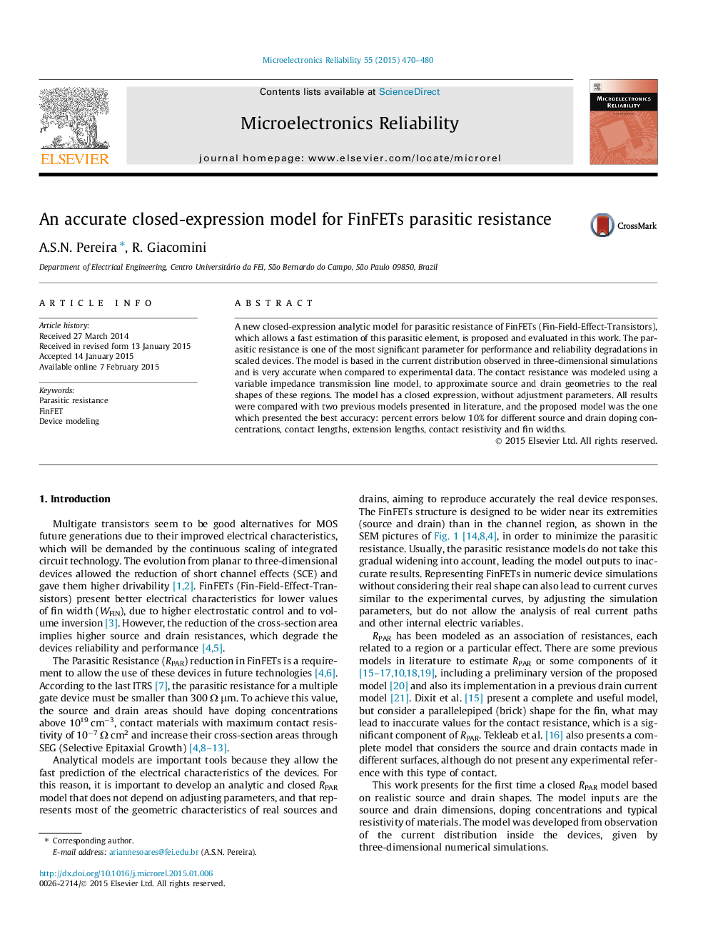 عکس صفحه اول مقاله: An accurate closed-expression model for FinFETs parasitic resistance An accurate closed-expression model for FinFETs parasitic resistance
