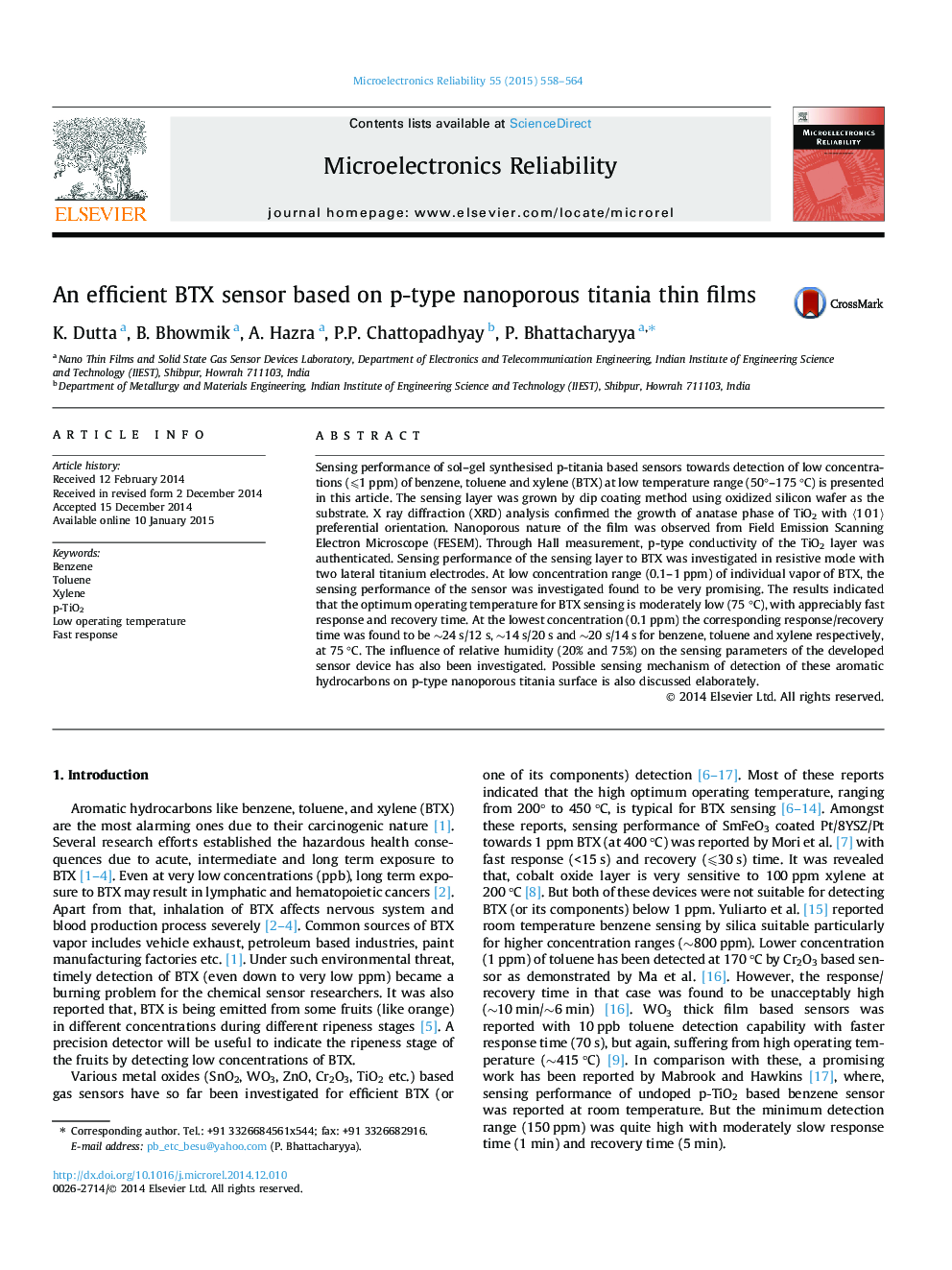 An efficient BTX sensor based on p-type nanoporous titania thin films