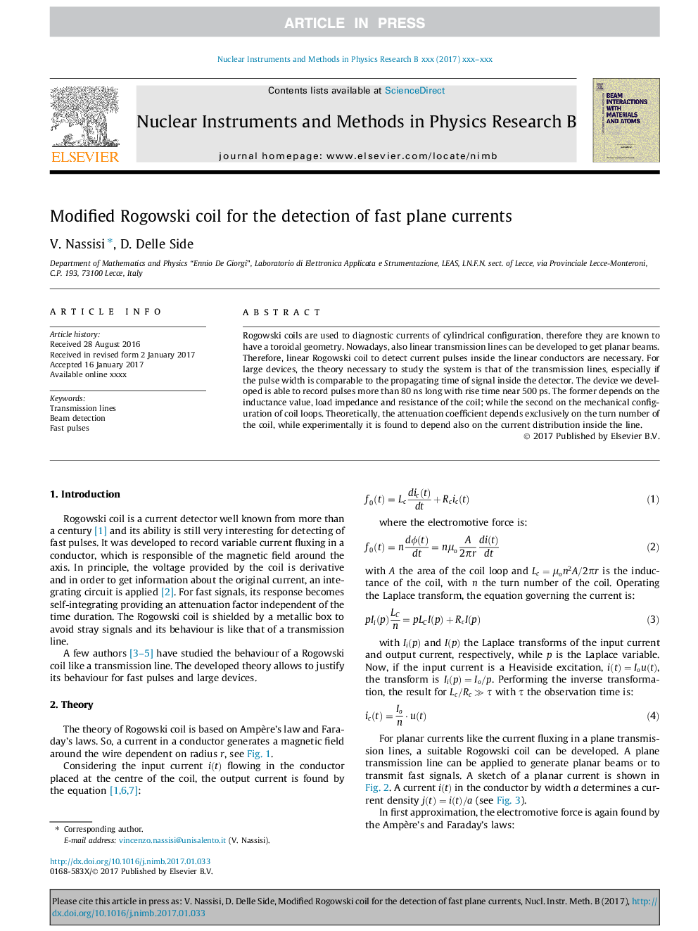 عکس صفحه اول مقاله: Modified Rogowski coil for the detection of fast plane currents Modified Rogowski coil for the detection of fast plane currents