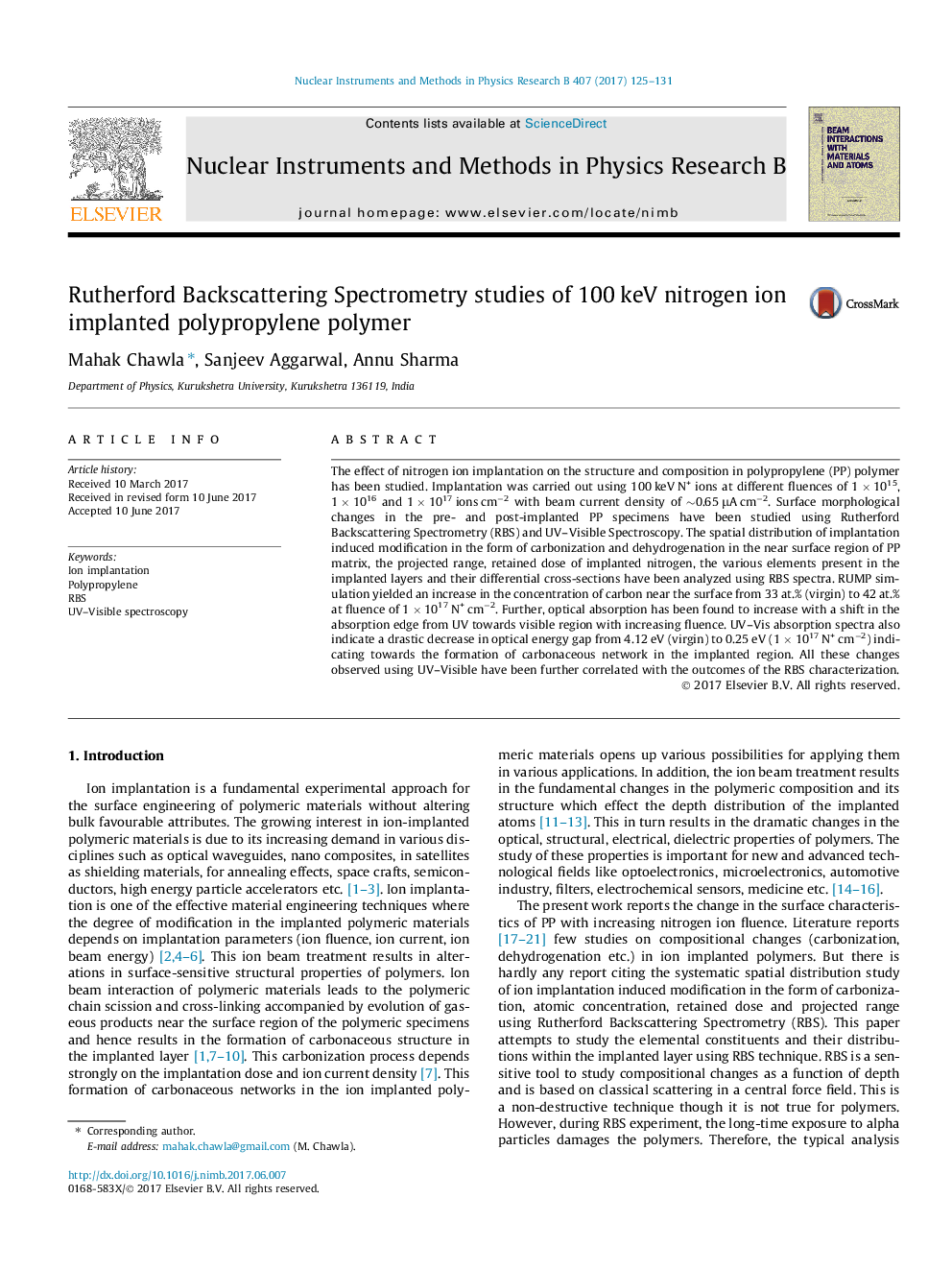 عکس صفحه اول مقاله: Rutherford Backscattering Spectrometry studies of 100Â keV nitrogen ion implanted polypropylene polymer Rutherford Backscattering Spectrometry studies of 100Â keV nitrogen ion implanted polypropylene polymer