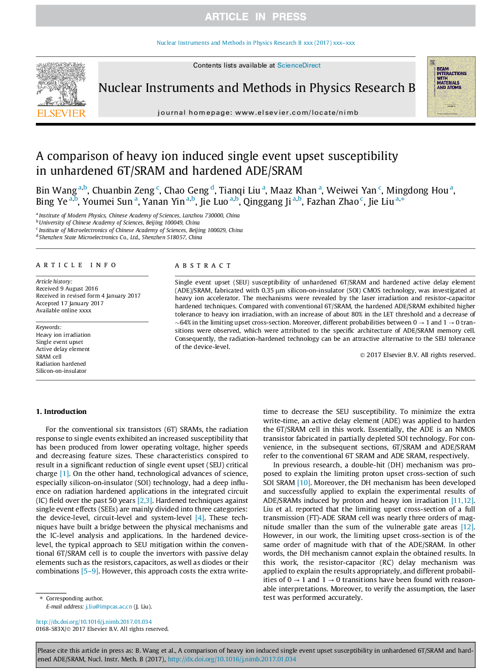 A comparison of heavy ion induced single event upset susceptibility in unhardened 6T/SRAM and hardened ADE/SRAM